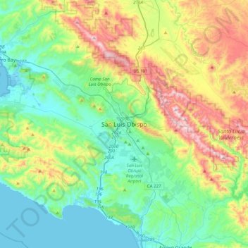 Mappa topografica San Luis Obispo, altitudine, rilievo