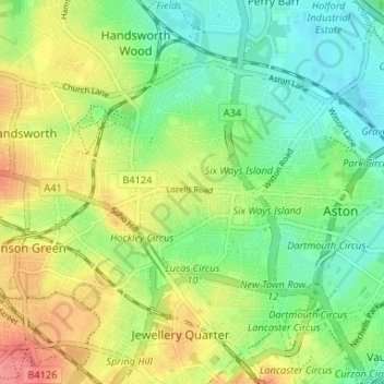 Mappa topografica Lozells, altitudine, rilievo