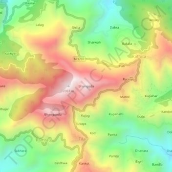Mappa topografica Bhimgoda, altitudine, rilievo