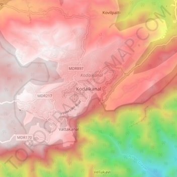 Mappa topografica Kodaikanal, altitudine, rilievo