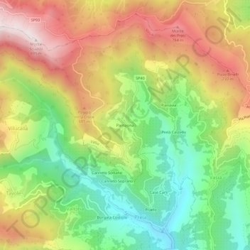 Mappa topografica Pantasina, altitudine, rilievo