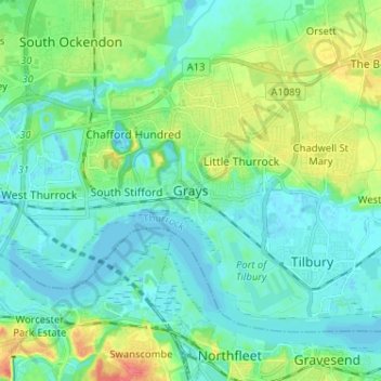 Mappa topografica Grays, altitudine, rilievo