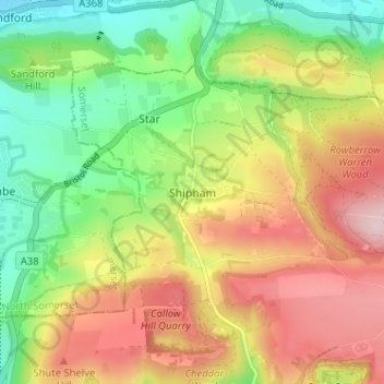 Mappa topografica Shipham, altitudine, rilievo