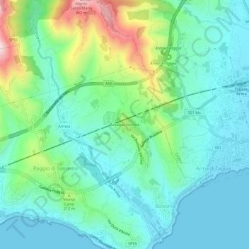 Mappa topografica Bussana Vecchia, altitudine, rilievo