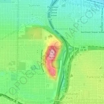 Mappa topografica Rocky Butte, altitudine, rilievo