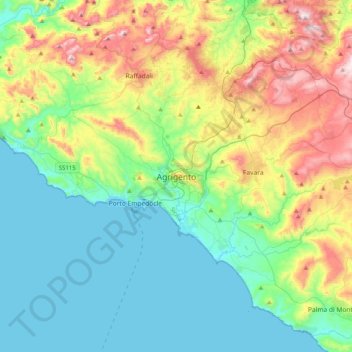 Mappa topografica Agrigento, altitudine, rilievo
