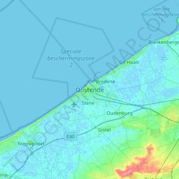 Mappa topografica Ostende, altitudine, rilievo