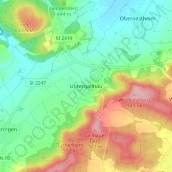 Mappa topografica Untergailnau, altitudine, rilievo