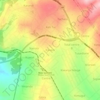 Mappa topografica Kiboko, altitudine, rilievo