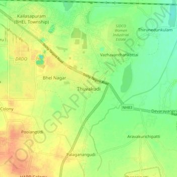Mappa topografica Thuvakudi, altitudine, rilievo