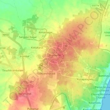 Mappa topografica Auroville, altitudine, rilievo