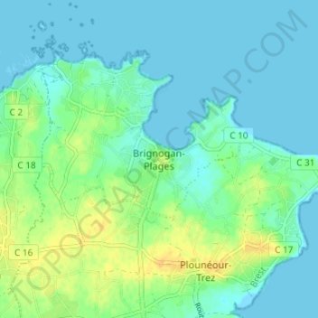 Mappa topografica Brignogan-Plages, altitudine, rilievo
