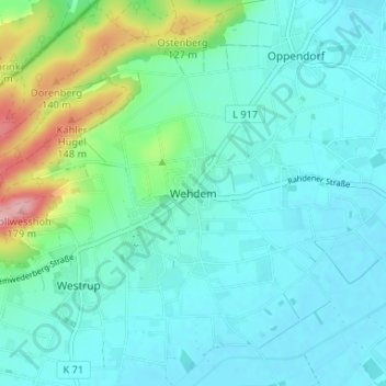Mappa topografica Wehdem, altitudine, rilievo