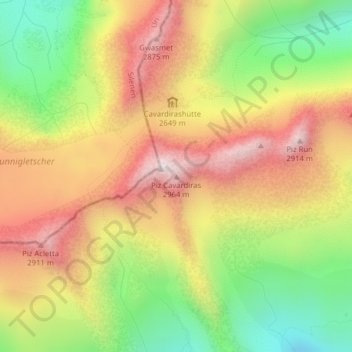 Mappa topografica Piz Cavardiras, altitudine, rilievo
