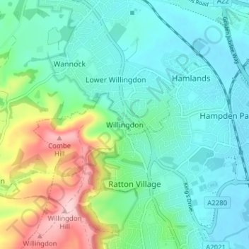 Mappa topografica Willingdon, altitudine, rilievo