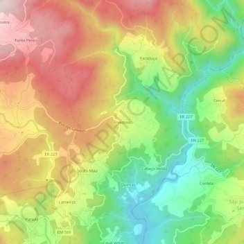 Mappa topografica Ervedoso, altitudine, rilievo