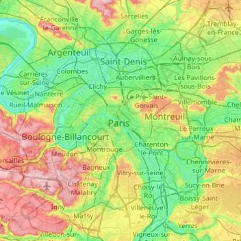 Mappa topografica Parigi, altitudine, rilievo