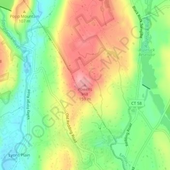 Mappa topografica Powells Hill, altitudine, rilievo