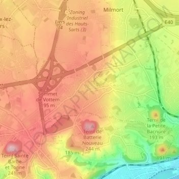 Mappa topografica Vottem, altitudine, rilievo
