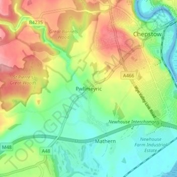 Mappa topografica Pwllmeyric, altitudine, rilievo