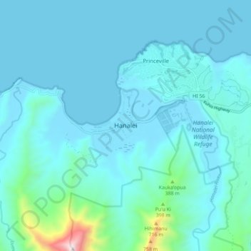 Mappa topografica Hanalei, altitudine, rilievo