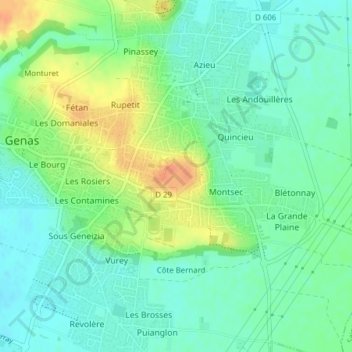 Mappa topografica Fort de Genas, altitudine, rilievo