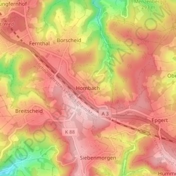 Mappa topografica Hombach, altitudine, rilievo