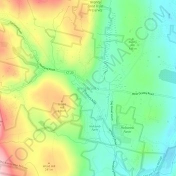 Mappa topografica West Granby, altitudine, rilievo