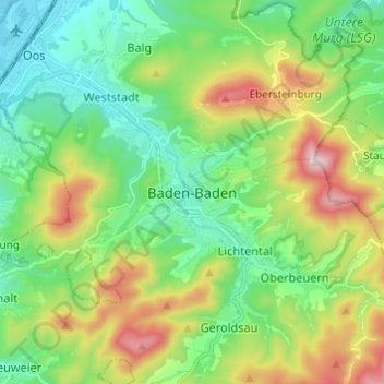 Mappa topografica Baden-Baden, altitudine, rilievo