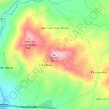 Mappa topografica Malhão, altitudine, rilievo