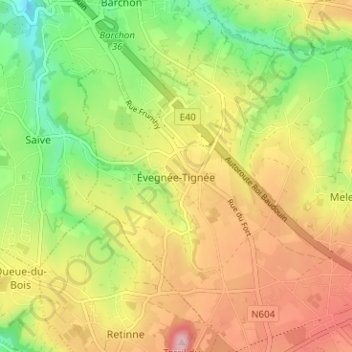 Mappa topografica Évegnée-Tignée, altitudine, rilievo
