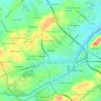 Mappa topografica Grandview, altitudine, rilievo