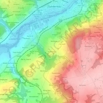 Mappa topografica Kerlezerien, altitudine, rilievo