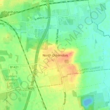 Mappa topografica North Ockendon, altitudine, rilievo