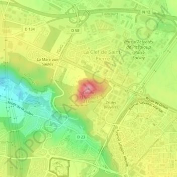 Mappa topografica Colline d'Élancourt, altitudine, rilievo