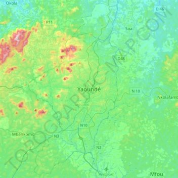 Mappa topografica Yaoundé, altitudine, rilievo