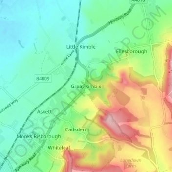 Mappa topografica Great Kimble, altitudine, rilievo
