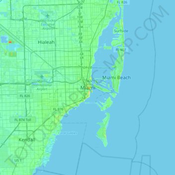 Mappa topografica Miami, altitudine, rilievo