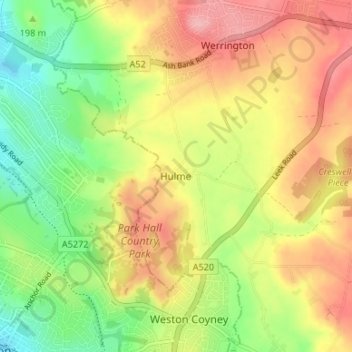 Mappa topografica Hulme, altitudine, rilievo