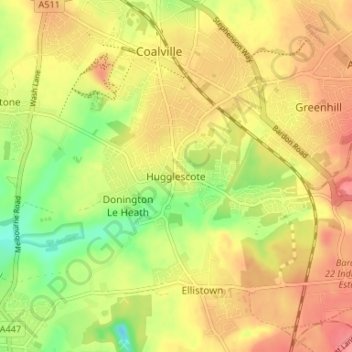 Mappa topografica Hugglescote, altitudine, rilievo