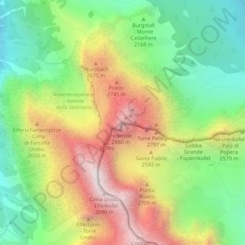 Mappa topografica Croda Rossa di Sesto, altitudine, rilievo