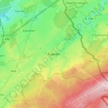Mappa topografica Raeren, altitudine, rilievo