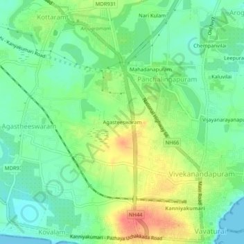 Mappa topografica Agasteeswaram, altitudine, rilievo