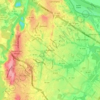 Mappa topografica Ashburn, altitudine, rilievo