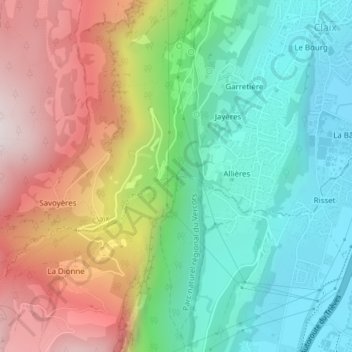 Mappa topografica Cascade d'Allières, altitudine, rilievo