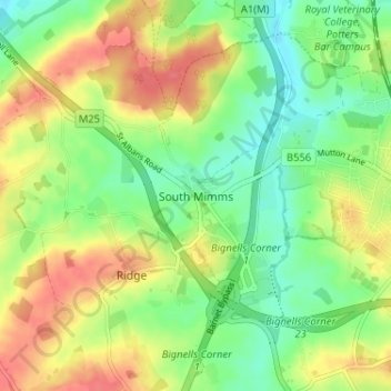 Mappa topografica South Mimms, altitudine, rilievo