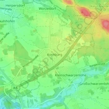 Mappa topografica Kornburg, altitudine, rilievo
