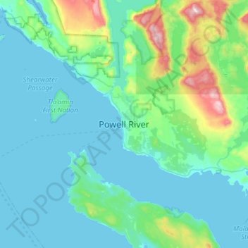 Mappa topografica Powell River, altitudine, rilievo