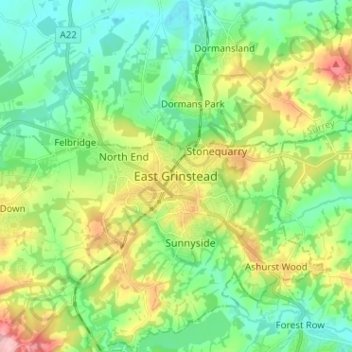 Mappa topografica East Grinstead, altitudine, rilievo