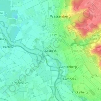 Mappa topografica Orsbeck, altitudine, rilievo